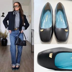 Valentina Rangoni Navy Blue Leather Square-Toe Ballet Flats